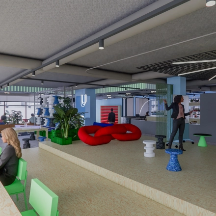 Spacious, brightly-lit office to rent at Daltonlaan 200, Utrecht Rijnsweerd. Vibrant interior with people collaborating around a unique seating area and workspaces overlooking large windows.