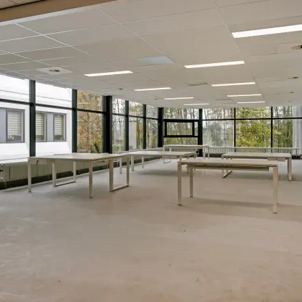 Bright, empty office interior with large windows overlooking trees, featuring several white desks at De Run 4312, Veldhoven, ideal for rent office space.