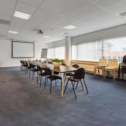 Spacious furnished office space rental at Regulusweg 11, Voorburg, featuring a large conference room with a long table, chairs, potted plants, and a projector screen. Bright natural light enters through the windows.