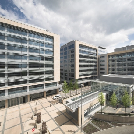 Exterior view of modern office buildings at Postępu 17A, Warsaw Mokotow, ideal for office space rental.