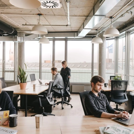 A modern office space with large windows at Grzybowska 60, Warsaw Wola, featuring employees working on laptops and holding discussions. Ideal for rent office space seekers.