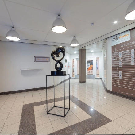 Entrance area of an office for rent at Zaagmolenlaan 4, Woerden, featuring tiled floors and modern lighting. Ideal for office space rental.