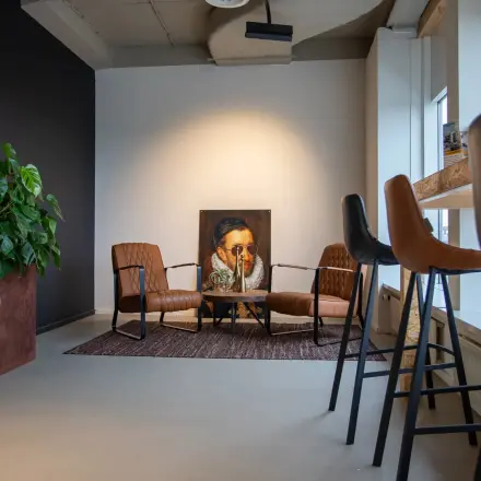 Furnished office space at Boerhaavelaan 40, Zoetermeer featuring modern chairs, a table, and a large decorative plant near the window.