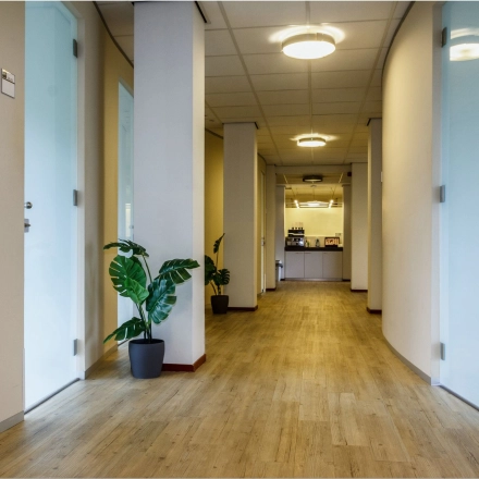 Spacious hallway at Bredewater 26 in Zoetermeer, featuring sleek wooden floors, modern lighting, and subtle greenery, offering a welcoming pathway to various office spaces. Ideal for office space rental.