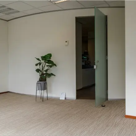 Unfurnished office space with a potted plant and an open door at Bredewater 26, Zoetermeer, ideal for office space rental.