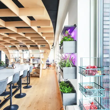 Moderne kantoorruimte aan de Landdrostdreef 124 in Almere Stad, met stijlvolle werkplekken en een groot raam met uitzicht. Ideaal voor wie een kantoorruimte wil huren in Almere.
