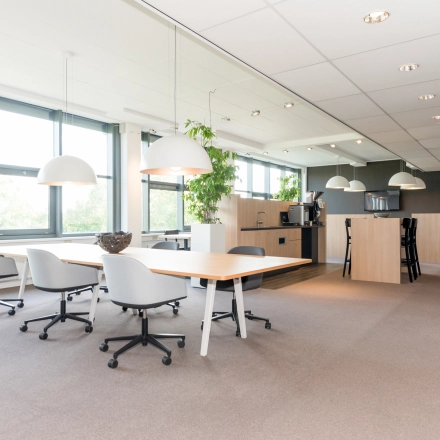 Moderne kantoorruimte op Europalaan 16 in Alphen aan den Rijn met grote ramen, kantoormeubilair en groene planten. Ideaal voor wie kantoorruimte wil huren in een licht en aangenaam kantoorpand.
