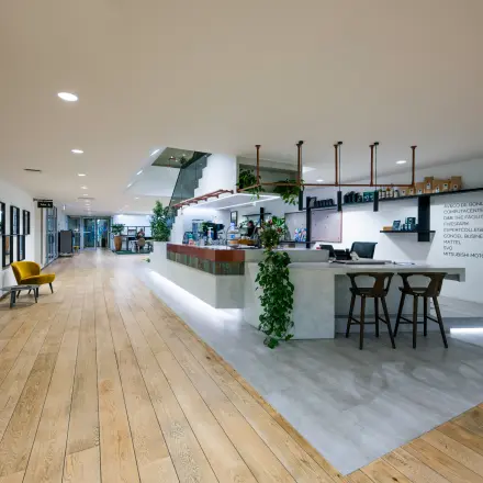 Moderne kantoorruimte te huur op De Gondel 1 in Amstelveen met een stijlvolle receptie, houten vloer en veel groen. Ideaal voor zakelijke doeleinden.