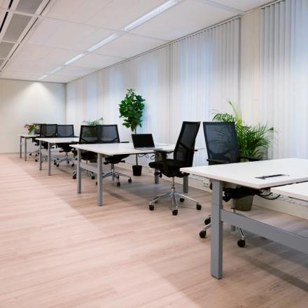 Lichte en ruime kantoorruimte huren met vier bureaus en ergonomische stoelen, omgeven door planten, bij Handelsweg 53 in Amstelveen. Grote ramen zorgen voor veel daglicht en een productieve werkomgeving.