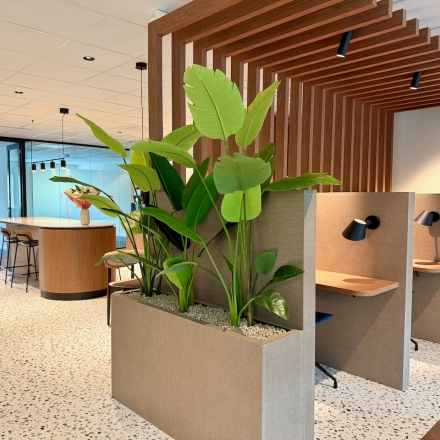 Moderne kantoorpand op Professor E.M. Meijerslaan 1 in Amstelveen, voorzien van groene planten en stijlvolle werkplekken met bureaus en lampen, ideaal voor kantoorruimte huren.
