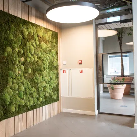 Moderne kantoorruimte in Amsterdam Amstel Business Park met groene muur en grote hanglamp, ideaal voor kantoorruimte huren.