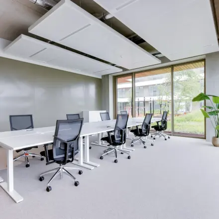 Heldere kantoorruimte op Willem Fenengastraat 16, Amsterdam Amstel, met moderne werkplekken, grote ramen en planten. Ideaal om kantoorruimte te huren voor een productieve werkomgeving.