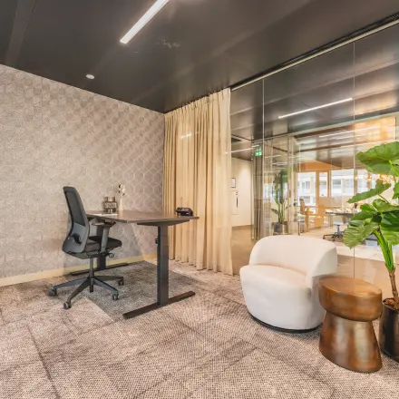 Moderne kantoorruimte in Amsterdam Buitenveldert met stijlvolle inrichting, waaronder een bureau, stoel en plant. Ideaal voor huur op Walborg 2A voor efficiënt werken.