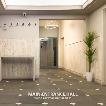 Ingang van een kantoorpand op Kleine Gartmanplantsoen 21 in Amsterdam Centrum. De ruimte heeft een strakke afwerking met een geometrisch patroon op de vloer, directe verlichting en af en toe een groene plant.