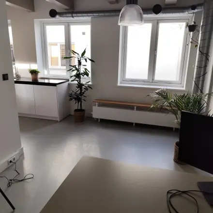 Lichte kantoorruimte in Amsterdam Centrum met moderne inrichting, geschikt om te huren. Het kantoorpand heeft grote ramen en is voorzien van planten en een bureau met scherm.