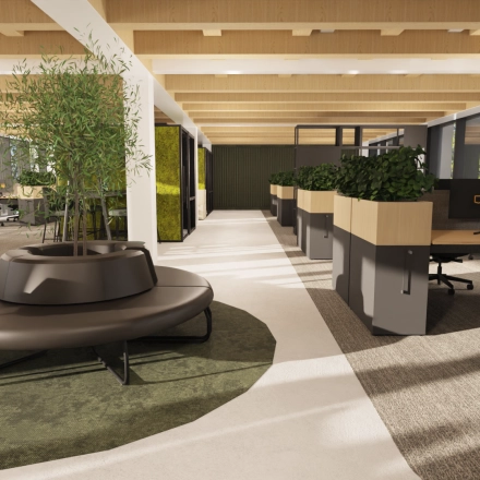 Lichte kantoorruimte op Pieter Cornelisz. Hooftstraat 7, Amsterdam Centrum met moderne werkplekken, veel natuurlijk licht en groene accenten. Ideaal voor wie een kantoorpand wil huren in een inspirerende omgeving.