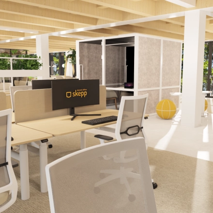 Moderne kantoorruimte in Amsterdam Centrum op Pieter Cornelisz. Hooftstraat 7, voorzien van bureaus en stoelen met uitzicht op groen. Ideaal voor wie kantoorruimte wil huren. Heldere werkplekken met computerschermen.