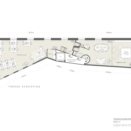 Plattegrond van kantoorruimte op Weesperstraat 394-396, Amsterdam Grachtengordel, met vergaderruimtes en werkplekken. Ideaal voor bedrijven die kantoorruimte willen huren.