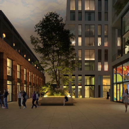 Kantoorpand op Papaverhof 58 in Amsterdam Noord met moderne architectuur. Mensen voeren zakelijke activiteiten uit in een levendige buitenomgeving bij een kantoorruimte te huur.