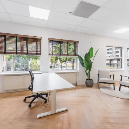 Verlichte kantoorruimte te huur aan de Arlandaweg 92, Amsterdam Sloterdijk met houten vloer, groot bureau en vensterplanten. Ideaal voor werk of vergaderingen met uitzicht op de stad.