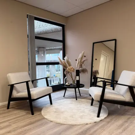 Kantoorinterieur op Arlandaweg 92, Amsterdam Sloterdijk, met een stijlvolle zithoek met twee stoelen, een rond kleed, en een bijzettafel. Grote ramen zorgen voor veel natuurlijk licht.