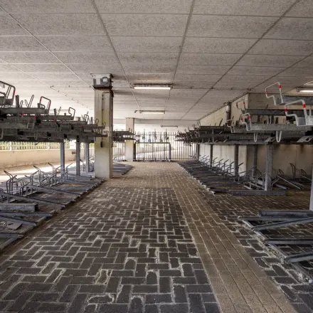 Kantoorruimte huren met fietsopslag op Herikerbergweg 288 in Amsterdam Zuid-Oost. Onbeklede fietsenrekken in een beveiligde ruimte met betonnen muren en plafonds, ideaal voor kantoorpand gebruik.