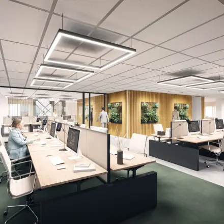 Moderne kantoorruimte te huur op Herikerbergweg 290 in Amsterdam Zuid-Oost, voorzien van comfortabele werkplekken en een uitnodigende inrichting.
