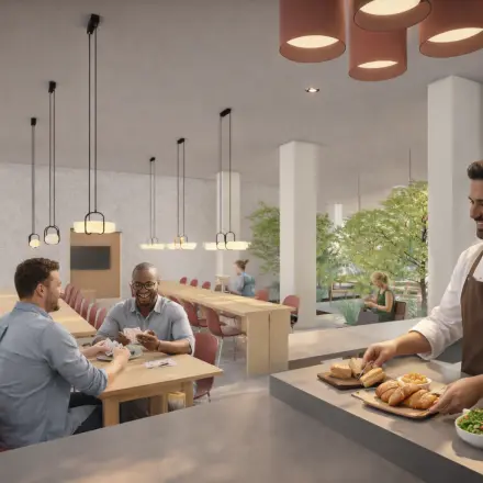 Lichte kantoorruimte op Luttenbergweg 8, Amsterdam Zuid-Oost, met mensen die ontspannen zitten en een chef die hapjes serveert. Ideaal voor gebruik als werk- en ontmoetingsruimte.