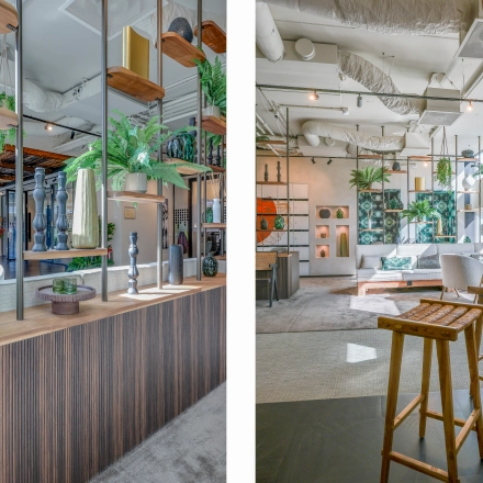Ruime, gemeubileerde kantoorruimte aan de Gustav Mahlerlaan 308 in Amsterdam Zuidas met moderne inrichting, planten en decoratieve elementen. Ideaal voor bedrijven die op zoek zijn naar een inspirerende plek om te huren.