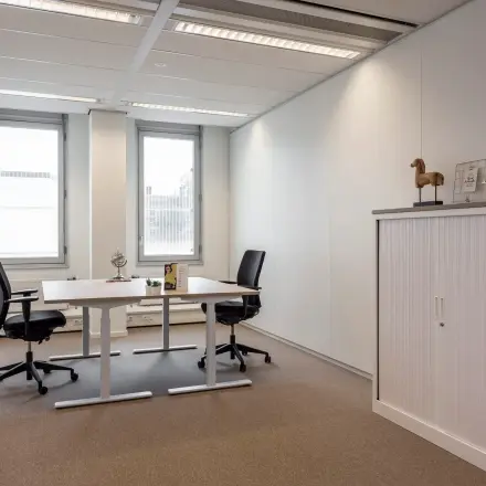 Heldere kantoorruimte te huur op Roggestraat 111, Apeldoorn met twee bureaus, stoelen en een kastje met planten. Ideale plek voor zakelijk gebruik.