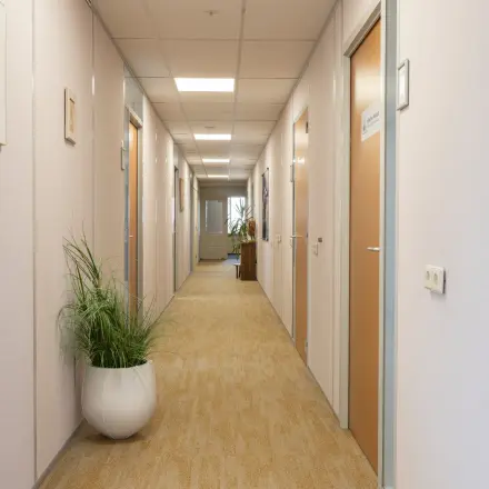 Lange gang in een kantoorpand met gesloten deuren aan beide zijden en een kantoorplant in een witte pot. Neutrale kleuren en tapijtbedekking. Locatie: Kamerlingh Onnesweg 10, Barendrecht.