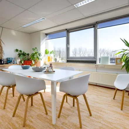 Lichte kantoorruimte met een moderne vergadertafel en vijf stoelen, omringd door planten en kunst aan de muur. Grote ramen zorgen voor veel daglicht in het kantoor op de Kamerlingh Onnesweg 10, ideaal om te huren.