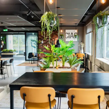 Moderne kantoorruimte in kantoorpand aan de Baron van Nagellstraat 136 in Barneveld, voorzien van tafels, stoelen en veel groenplanten, stimuleert efficiënte samenwerking en creativiteit.