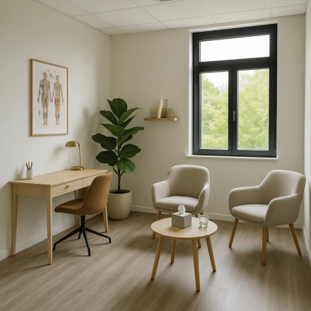 Stijlvolle en lichte kantoorruimte huren op Druivenstraat 25-31 in Breda Oost met moderne houten meubels en groen decor voor een inspirerende werkomgeving.
