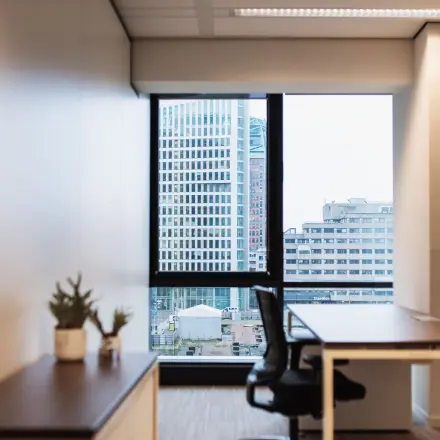 Lichte kantoorruimte aan Anna van Buerenplein 41 in Den Haag Centrum met uitzicht op de stad. Voorzien van een bureau met stoel en wat planten op de kast.