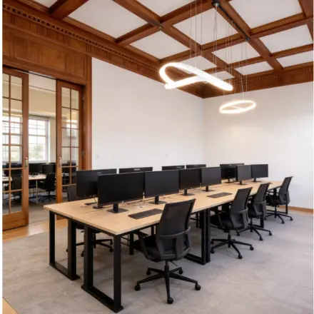 Moderne, gemeubileerde kantoorruimte huren op Mauritskade 9 in Den Haag Centrum, met stijlvolle bureaus, bureaustoelen en plafondverlichting, perfect voor productief werken en teambijeenkomsten.