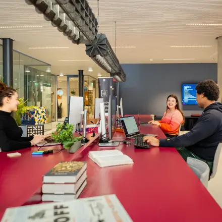 Moderne kantoorruimte huren in Den Haag Centrum, Waldopstraat 5, met vrolijke medewerkers aan het werk achter computers in een lichte en open omgeving.