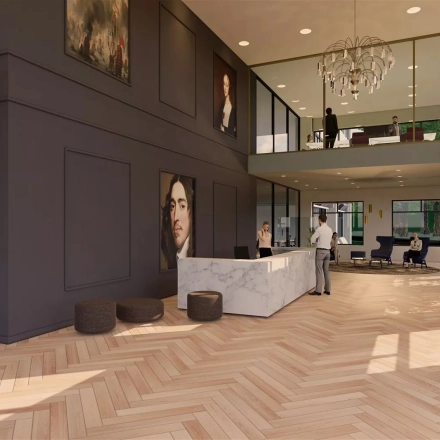 Stijlvolle entree van een kantoorpand op Johan de Wittlaan 3-7, Den Haag Statenkwartier, voorzien van een marmeren receptiebalie en kunst aan de muur, met mensen bezig met zakelijke gesprekken.