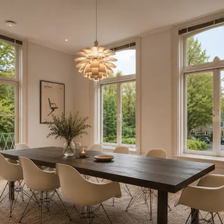 Ruime vergaderruimte met houten tafel en designstoelen, omringd door grote ramen die veel natuurlijk licht binnenlaten. Ideaal voor kantoorruimte huren op Dorpsstraat 77, Doorn.