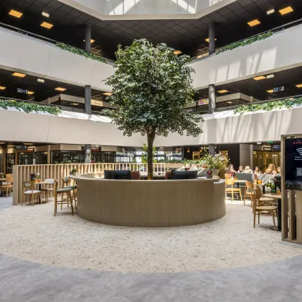 Moderne gemeubileerde kantoorruimte op Luchthavenweg 81, Eindhoven Airport, met een centraal geplaatste boom en mensen die aan tafels werken.