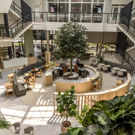 Moderne en open ingerichte lounge in een kantoorpand met veel groen en zitgelegenheid. Huur hier je kantoorruimte en geniet van een inspirerende omgeving aan de Luchthavenweg 81 in Eindhoven Airport.