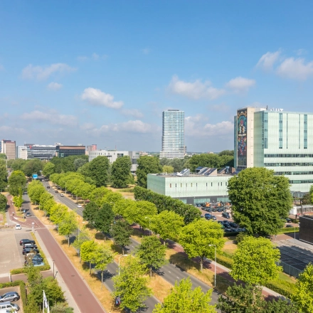 Panoramisch uitzicht op Eindhoven Centrum vanaf Professor Dr Dorgelolaan 14, met kantoorgebouwen en een groene omgeving. Een ideale locatie om kantoorruimte te huren.