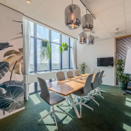 Moderne vergaderruimte met een lange houten tafel, comfortabele stoelen en veel natuurlijke lichtinval. Planten decoreren de ruimte in Eindhoven Strijp-S, Torenallee 20.