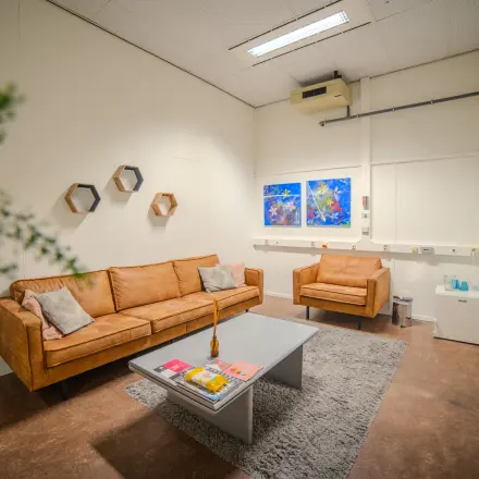 Kantoorruimte met bruine banken, grijs vloerkleed en moderne kunst aan de muren in een kantoorpand in Eindhoven Strijp-S.