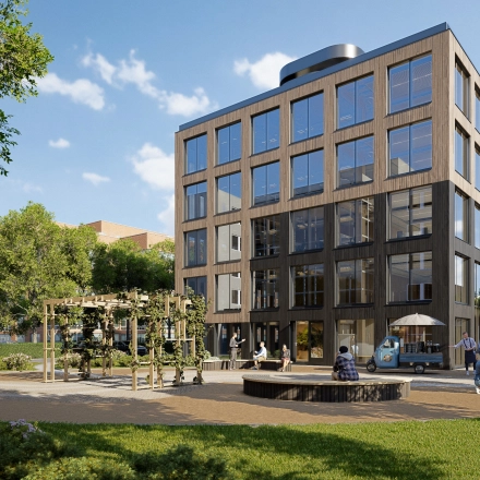 Modern kantoorpand op Moutlaan 1-23 in Enschede, met mensen die buiten zitten en werken, omringd door groen. Ideaal voor wie kantoorruimte wil huren in een levendige omgeving.