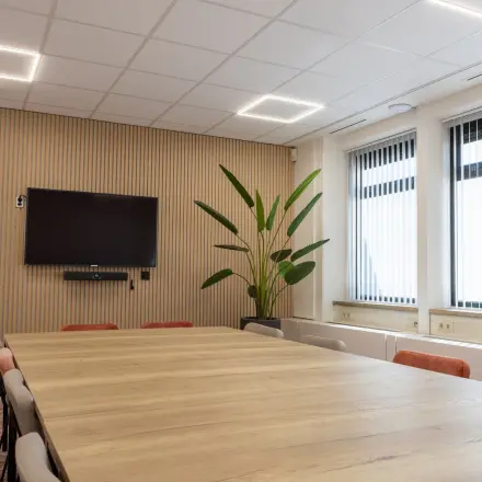 Vergaderzaal met lange houten tafel en stoelen, voorzien van televisie aan de wand en grote kamerplant bij de ramen.
