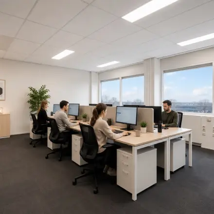 Zakelijk ingerichte kantoorpand met werknemers aan bureaus en uitzicht op Haarlem Waarderpolder. Ideaal voor kantoorruimte huren met alle benodigdheden voor productief werk.