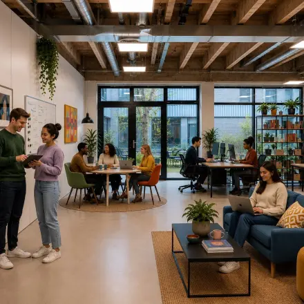 Moderne kantoorruimte op A. Hofmanweg 5A in Haarlem Waarderpolder met diverse personen die samenwerken en netwerken. De ruimte is ruim en licht met moderne meubels en groene planten.
