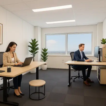 Moderne kantoorruimte huren in Haarlem Waarderpolder met twee personen bezig met laptopwerk. Het kantoorpand heeft een open, lichte uitstraling met stijlvol meubilair en groene planten voor extra sfeer.