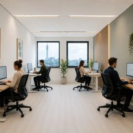 Moderne kantoorruimte te huur op Mollerusweg 84 in Haarlem Waarderpolder, met vier mensen aan bureaus in een lichte, gemeubileerde werkomgeving.